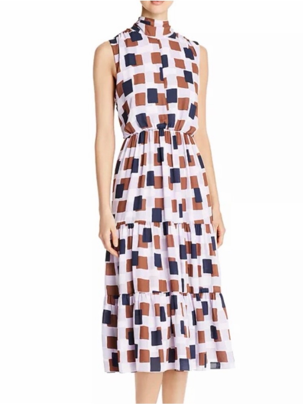 Kate Spade New York Geo Square Tie Neck Sleeveless Midi Dress Size 10 Purple